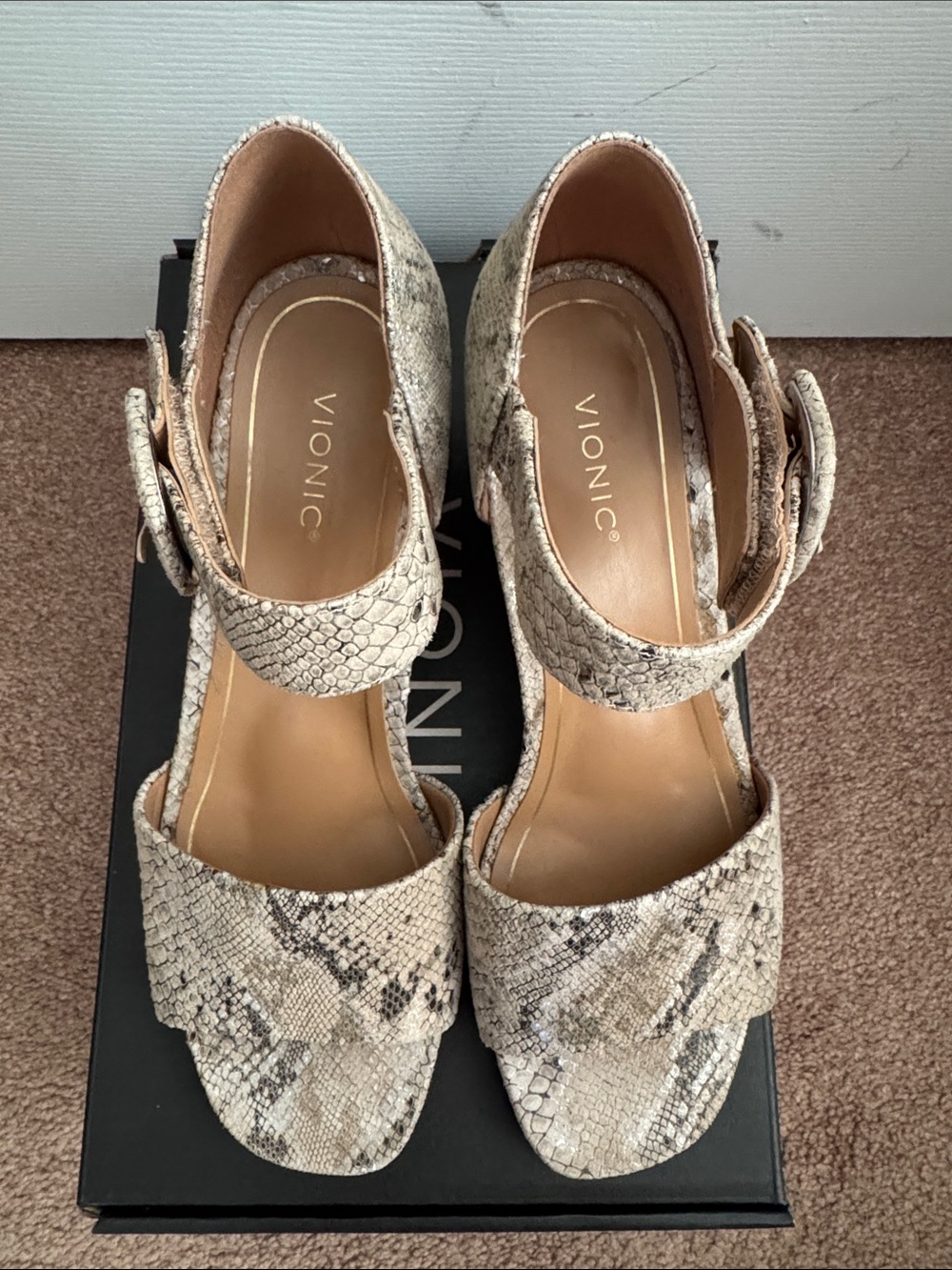 Vionic Taupe Snake-Print Block Heel Sandals with Ankle Strap - Picture 3 of 5